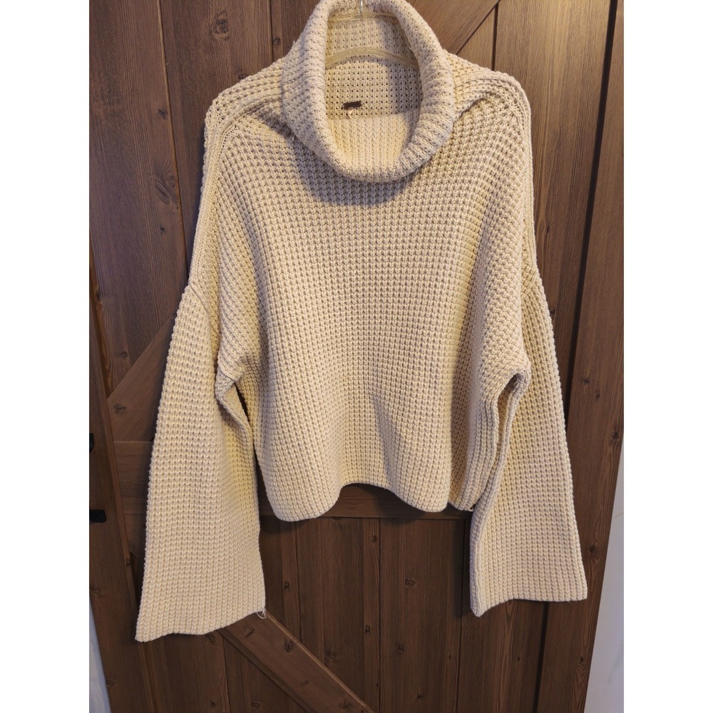 Free People Chunky Knit Turtleneck Sweater Cream Oversized Boho Womens Medium